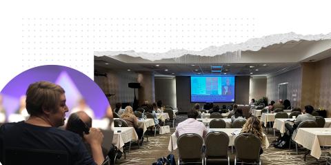Photo collage from the Annual Disability Statistics Conference showing attendees seated in a hotel conference room watching a presentation projected on large screens at the front. Inset on the left, a person speaks into a microphone during a discussion. The design includes torn paper textures and circular graphic elements overlaying the images.