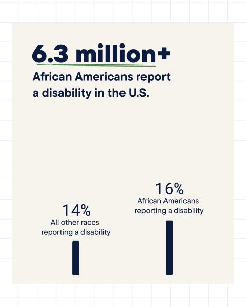6.3 million plus African Americans report a disability in the US 14% of all other races report a disability, and 16% of African Americans report a disability.