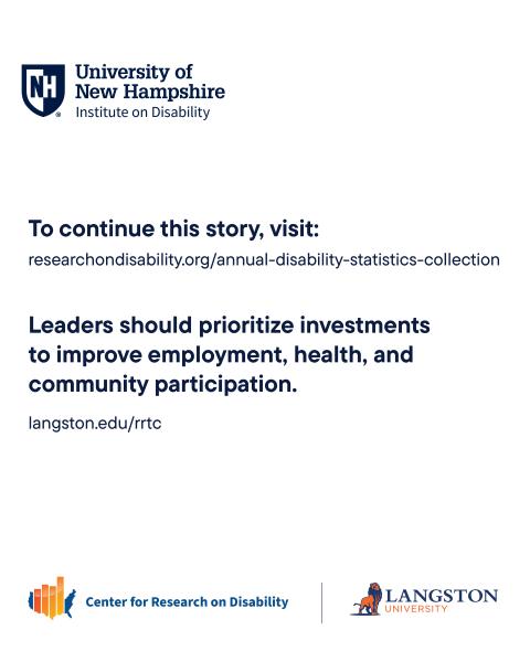 The text “To continue this story visit: research on disability.org/ADSC. Leaders should prioritize investments to improve employment, health, and community participation. Langston.edu/RTC anyway “ along with logos for the Center for Research on Disability and Langston University
