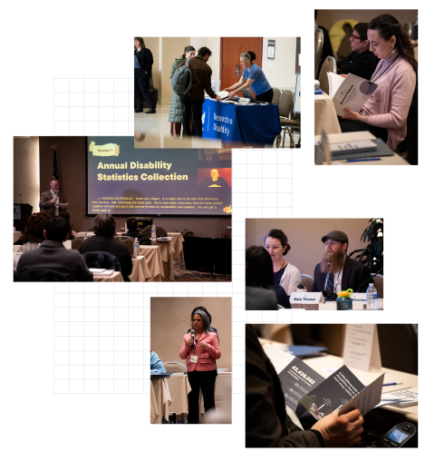 A collage of photos from past ADSC events where people are presenting on the Annual Disability Statistics Compendium, interacting with different pieces from the collection like the infographics and annual report, asking questions and connecting with others.