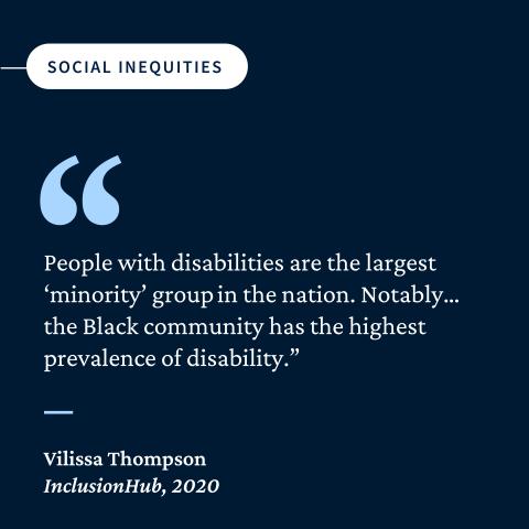 Social Inequities: "People with disabilities are the largest "minority" group in the nation. Notably the black community has the highest prevalence of disability." - Vilissa Thompson, InclusionHub, 2020